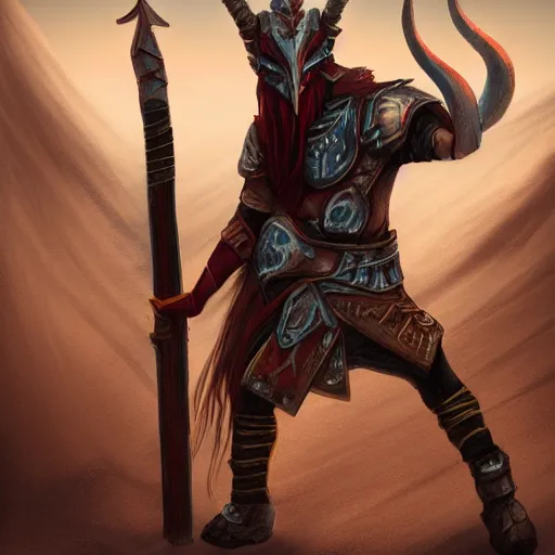 Image similar to a tiefling warrior holding two swords, standing in a desert, medium shot, fantasy, concept art, 4k