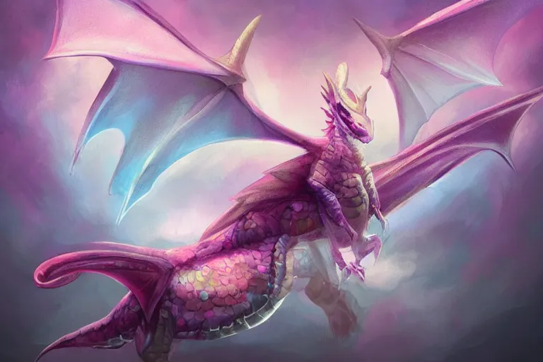 Image similar to full body digital illustration of a baby dragon with iridescent wings, pastel color scheme, concept art, matte background, deviantArt, artstation, artstation HQ, HD, 4k resolution