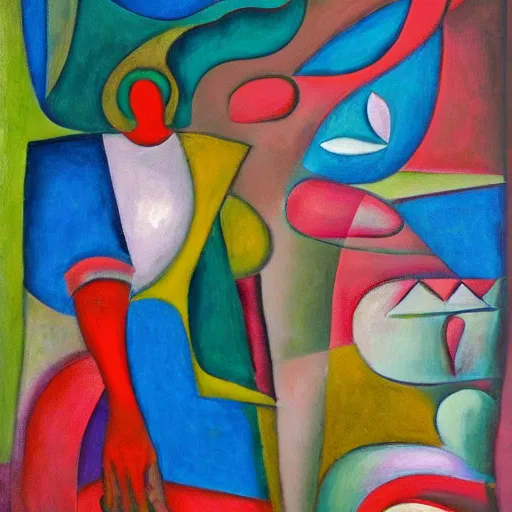 Prompt: her footsteps and handprints were the markings of her tribe as she journeyed forth, abstract art in the style of cubism and georgia o keefe,