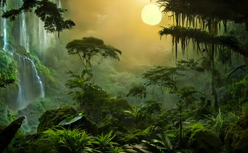 Image similar to a beautiful render of a dark prehistoric rainforest, lush flora, patches of sky, sunset, mountains and a waterfall in the background, intricate detail, hazy, humid, volumetric lighting, 8 k, photorealistic, raytracing effects, unreal engine 5