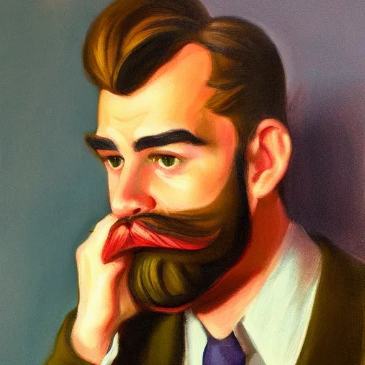 Image similar to a brown haired man with a 5 o'clock shadow mustache, detailed, edward hopper, trending on artstation,