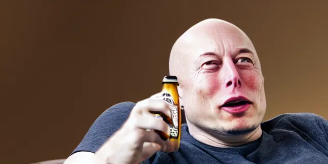 Prompt: sad bald poor elon musk drinking a can of beer in the couch while watching tv in a dirty house