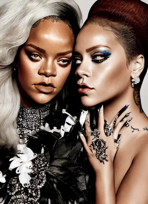 Prompt: portrait of rihanna and lady gaga, for vogue magazin, by charlotte grimm, natural light, detailed face, beautiful features, symmetrical, highly detailed, highly realistic, high resolution, canon eos c 3 0 0, ƒ 1. 8, 3 5 mm, 8 k, medium - format print, half body shot