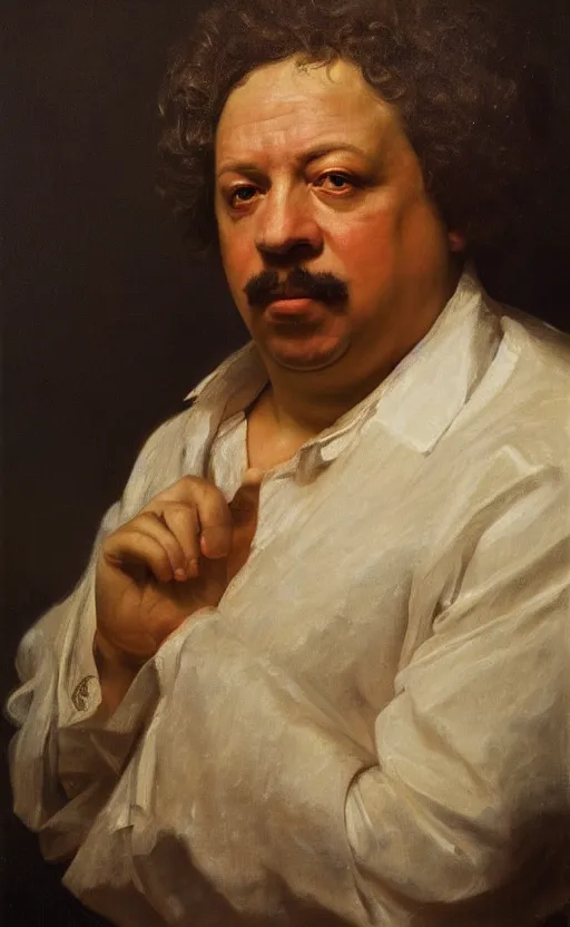 Image similar to Portrait of Alexandre Dumas, oil on canvas, highly detailed, by Kramskoy, 8k