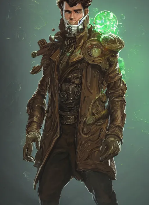 Image similar to a highly detailed illustration of thick wavy brown haired young white guy wearing brown detective trench coat and wearing green face mask, with many mechanical arms on his back, dramatic hands in pocket standing pose, intricate, elegant, highly detailed, centered, digital painting, artstation, concept art, smooth, sharp focus, league of legends concept art, WLOP