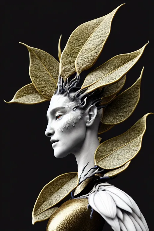 Image similar to close - up profile face, black background, beautiful young porcelain vegetal - dragon - cyborg - female, 1 5 0 mm, beautiful natural soft rim light, silver gold details, magnolia leaves and stems, roots, mandelbot fractal, elegant, hyper real, ultra detailed, white metallic armour, octane render, 1 6 k