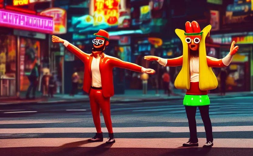 Image similar to hot dog man dancing on a street corner, cyberpunk, detailed, 4 k