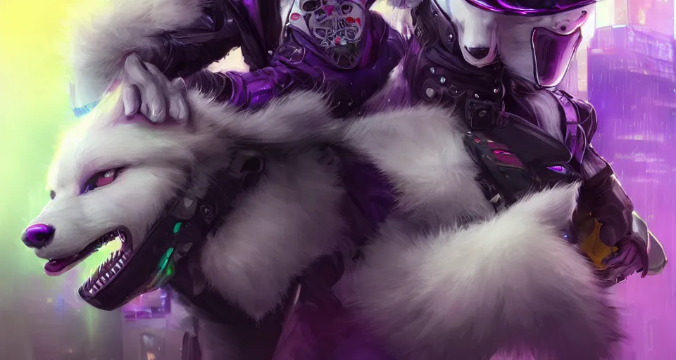 Image similar to wide angle award winning beautiful portrait commission of a male furry anthro albino wolf fursona with a tail and a cute beautiful attractive detailed furry face wearing stylish black, purple and yellow cyberpunk biker clothes riding a cybertech motorcycle in a cyberpunk city at night while it rains. Character design by charlie bowater, ross tran, artgerm, and makoto shinkai, detailed, inked, western comic book art