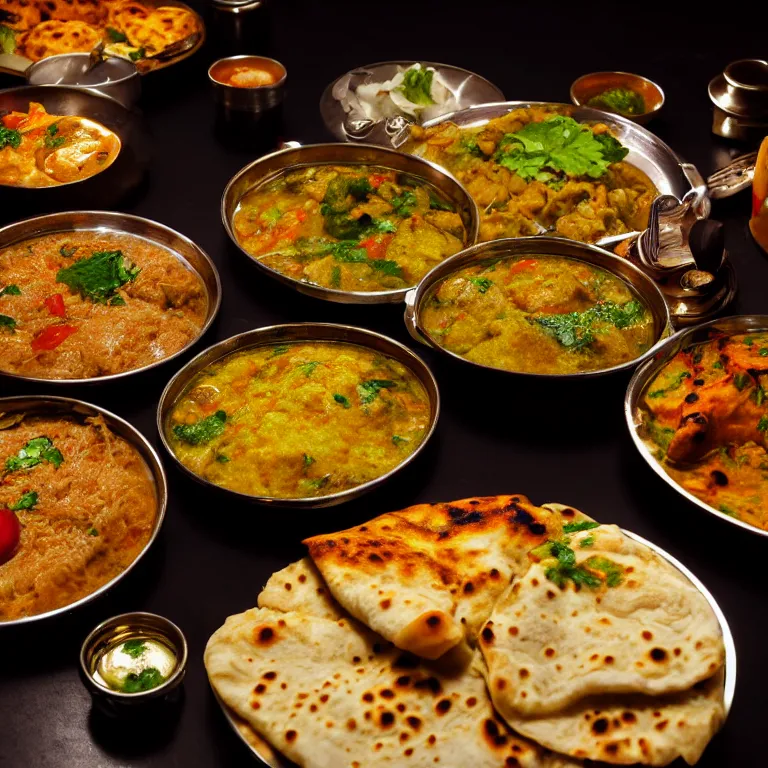 Prompt: close - up focused dslr photograph of an pakistani dinner, 8 k, high detail, volumetric lighting, hyperrealism, aesthetically pleasing, studio lighting, trending