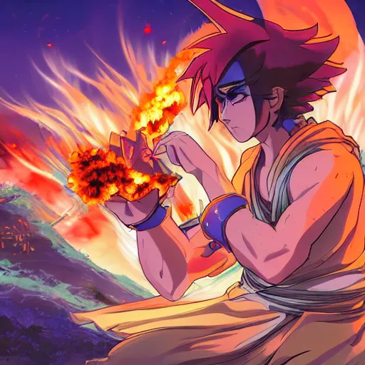 Prompt: anime key art of krishna fighting with kans on a smoky battlefield with ash and flames, by studio trigger, mountains in the distance, sunset, beautiful detail, epic composition, cinematic
