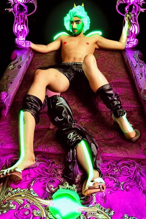 Prompt: full-body rococo and cyberpunk style neon statue of a young attractive Zayn Malik macho dotado e rico android sim roupa reclining con las piernas abertas e la piroca dura, glowing mint laser eyes, golden prince crown, black steampunk gears, pink diamonds, swirling mint-colored silk fabric. futuristic elements. black dripping tar. full-length view. space robots. human skulls. intricate artwork by caravaggio. Trending on artstation, octane render, cinematic lighting from the right, hyper realism, octane render, 8k, depth of field, 3D