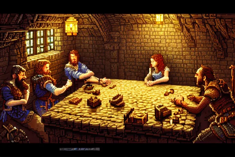 Image similar to the bard's tale, beautiful detailed pixelart by albertov, intricate details, beautiful, dithered gradients, volumetric lighting, cgsociety, artstation, smooth, sharp focus, 2 d illustration, amazing art by dan mumford, old school computer game graphics, pixel art