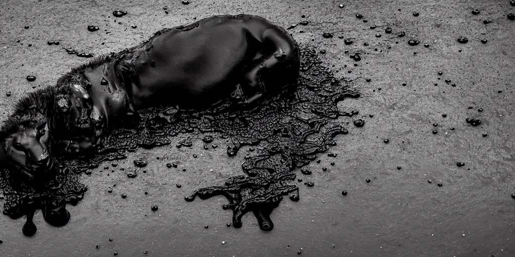 Image similar to the black lioness made of ferrofluid, rolling in the lake of sticky thick tar, viscous, sticky, full of black goo, covered with black goo, splattered black goo, dripping black goo, dripping goo, splattered goo, sticky black goo. photography, dslr, reflections, black goo, zoo, exhibit