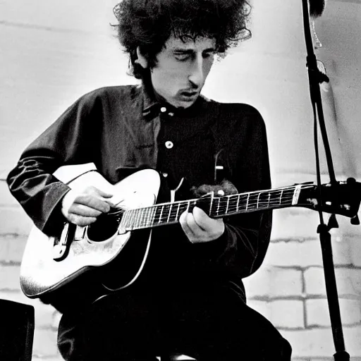 Prompt: bob dylan playing his guitar in fullham f. c stadium, photograph