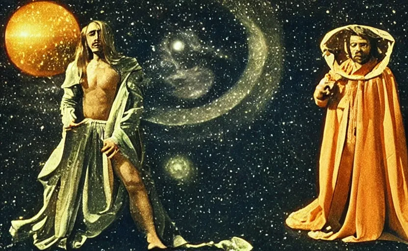 Prompt: scene from cosmologica ( 1 9 6 9 ), a movie by luchino visconti showing a man leaving the medieval cosmos to enter the new modern universe in the style of renaissance cosmological painting. cinematic, technicolor, direct lighting, highly detailed, highly intricate.