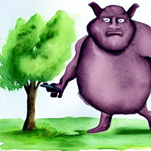 Prompt: a watercolour painting of a giant ogre using a tree for a club