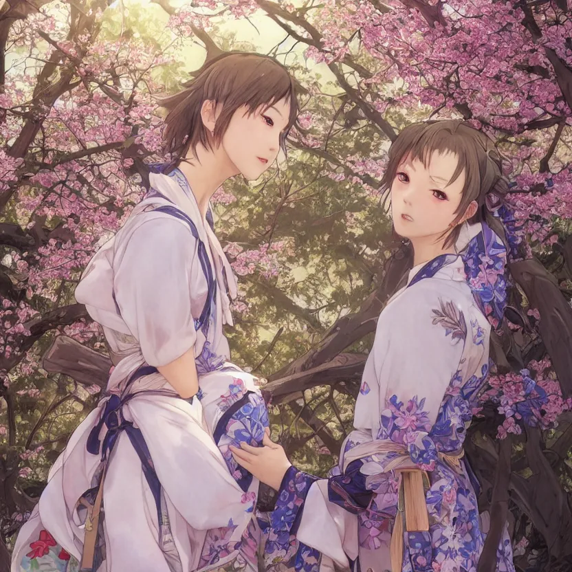 Image similar to portrait of a girl, sakura tree in background, yukata clothing, battlefield in background, anime style, short hair, hair down, symmetrical facial features, from arknights, hyper realistic, 4 k, extreme detail, detailed drawing, trending artstation, realistic lighting, by alphonse mucha, greg rutkowski, sharp focus, backlit