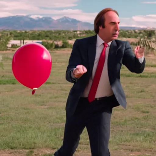 Image similar to saul goodman throwing dart at red ballon, still from better call saul