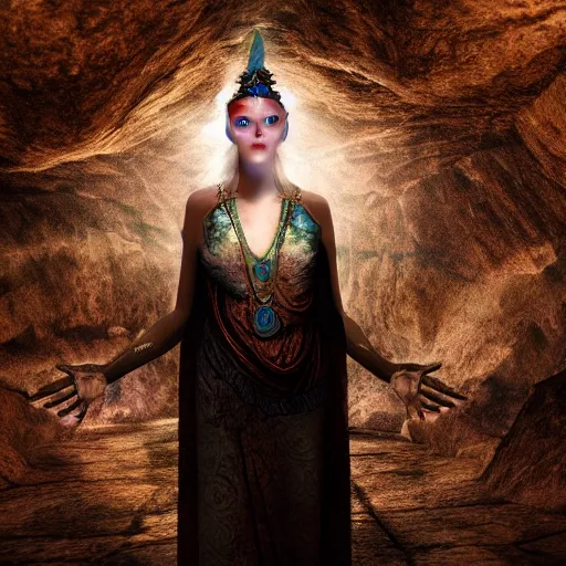 Prompt: mysterious divine goddess with bright blue eyes in a dark cave, photo 3 d,