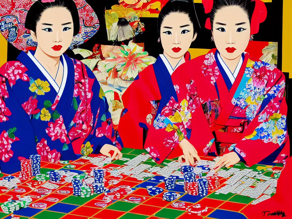 Prompt: hyperrealism composition of the detailed single woman in a japanese kimono sitting at an extremely detailed poker table with barbie, fireworks and folding screen on the background, pop - art style, jacky tsai style, andy warhol style, acrylic on canvas