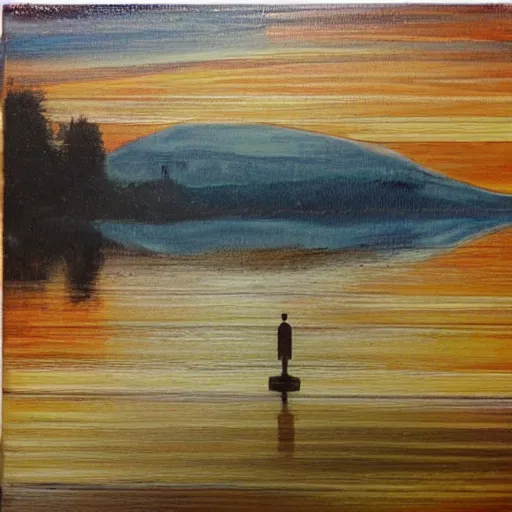 Prompt: a robotic wanderer around lake windermere, lake district, painting made with oil on planks, warm colors, low texture, ripples
