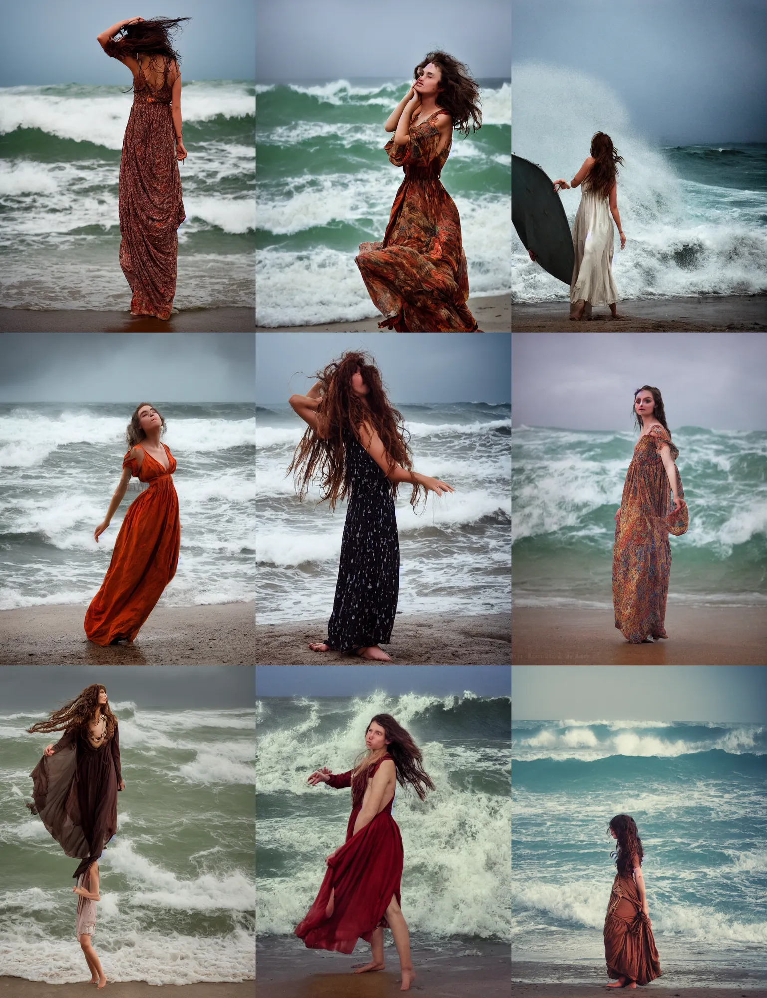 Prompt: artistic portrait photo of pretty hippie girl in maxi dress on the evening beach, rain stromy sea and big wave 1880s