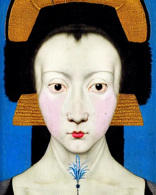 Prompt: symmetrical close - up portrait of a woman face with blue frizzy hair, wearing a embroidered black mask by alexander mcqueen, bjork aesthetic, masterpiece, in the style of rogier van der weyden and jacopo da pontormo, cyberpunk, asian art