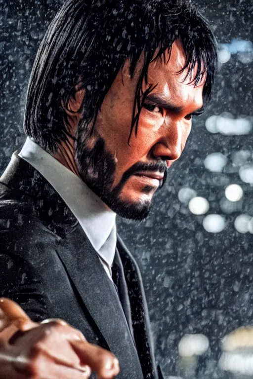 Image similar to A still of Bruce Lee as John Wick, close-up, sigma male, rule of thirds, award winning photo, unreal engine, studio lighting, highly detailed features, raining, ethereal lighting