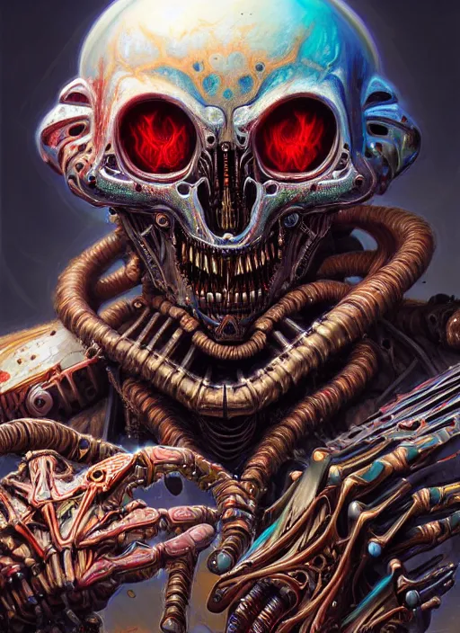 Prompt: hyper detailed ultra sharp painting of a undead biomechanical warrior trance man. trending on artstation, warpaint aesthetic, earthwave, colorful, psychedelic, ornate, intricate, digital painting, concept art, smooth, sharp focus, illustration, art by artgerm and greg rutkowski and h. r. giger, 8 k