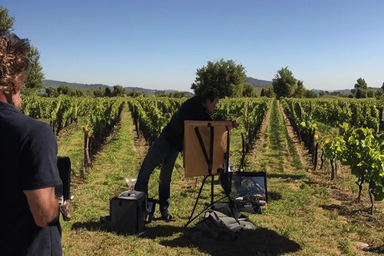 Image similar to cinematography plein air painters in a vineyard in France by Emmanuel Lubezki