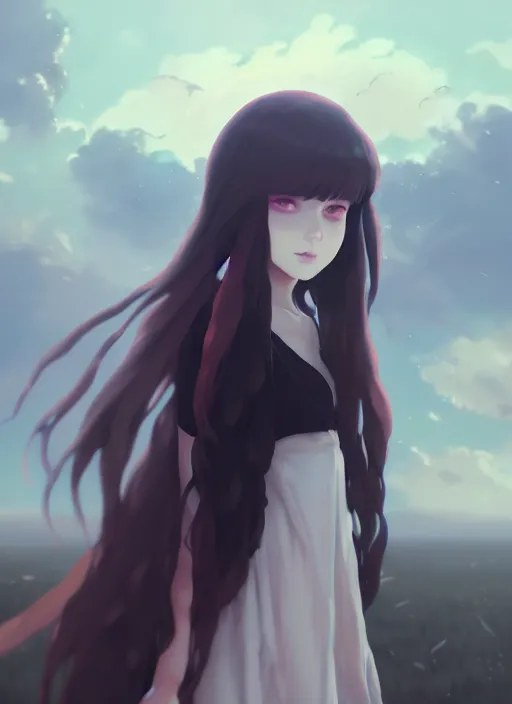 Image similar to portrait of cute goth girl, cloudy sky background lush landscape illustration concept art anime key visual trending pixiv fanbox by wlop and greg rutkowski and makoto shinkai and studio ghibli