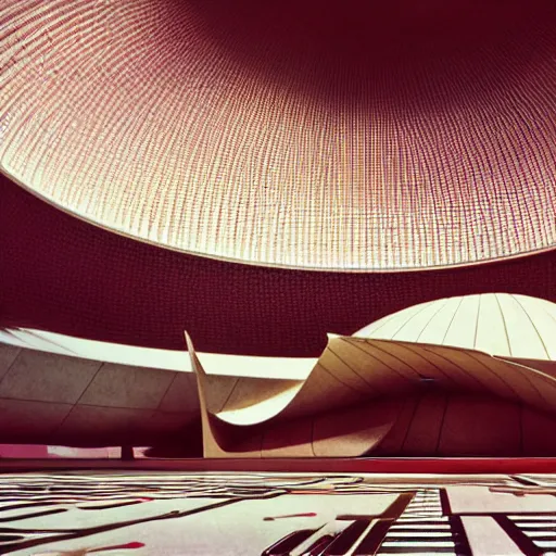 Image similar to interior of a futuristic lotus temple with gold, red and white marble panels, in the desert, by buckminster fuller and syd mead, intricate contemporary architecture, photo journalism, photography, cinematic, national geographic photoshoot