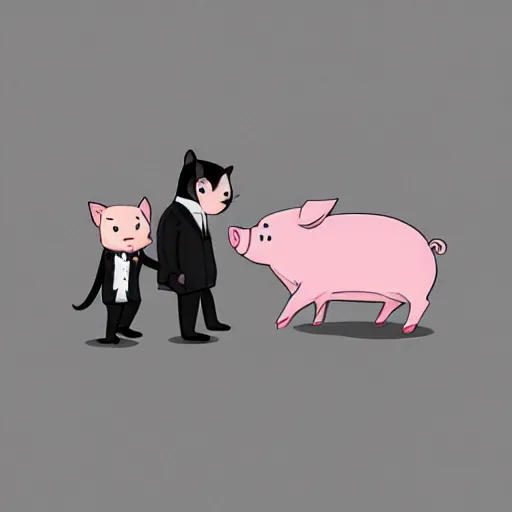 Image similar to a pig wearing a suit fighting with a cat photo - realistic