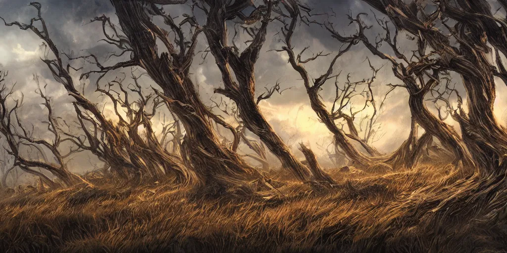 Image similar to swaths of dead windswept trees, no soil, high quality fantasy art, 4k