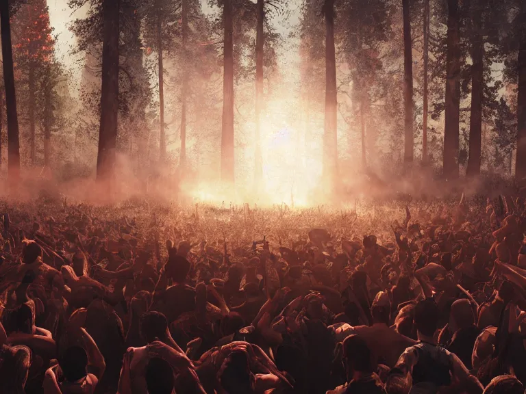 Prompt: brutal mosh pit in a forest fire, 8 k, ultra realistic, lens flare, atmosphere, glow, detailed, intricate, full of colour, cinematic lighting, trending on artstation, 4 k, hyperrealistic, focused, extreme details, unreal engine 5, cinematic, masterpiece