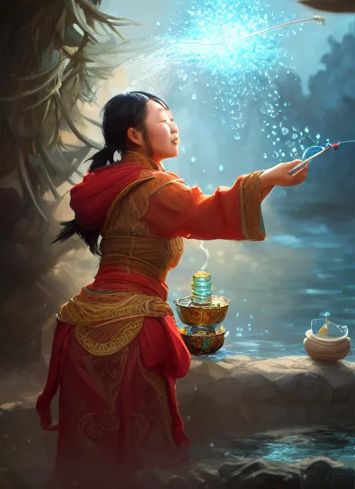 Image similar to full portrait of asian mage merchant doing water magic at her tent. intricate, elegant, highly detailed, digital painting, artstation, concept art, sharp focus, illustration, by justin gerard and artgerm, 8 k