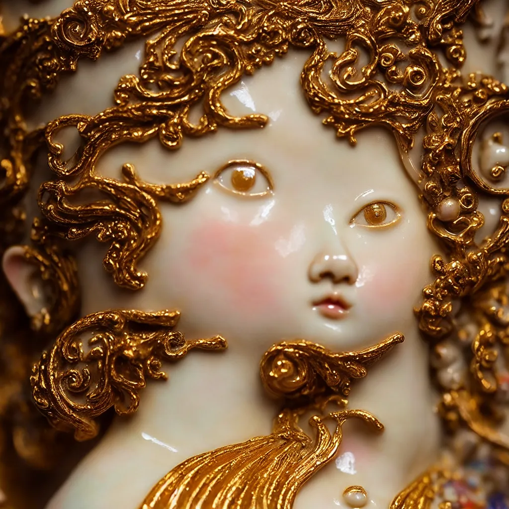Image similar to a single close up photo - real delicate ceramic porcelain sculpture of an ornate girl detailed in front of an intricate background by gustav klimt, micro detail, backlit lighting, face in focus, subsurface scattering, translucent, thin porcelain, octane renderer, colorful, physically based rendering, japanese pottery, trending on cgsociety