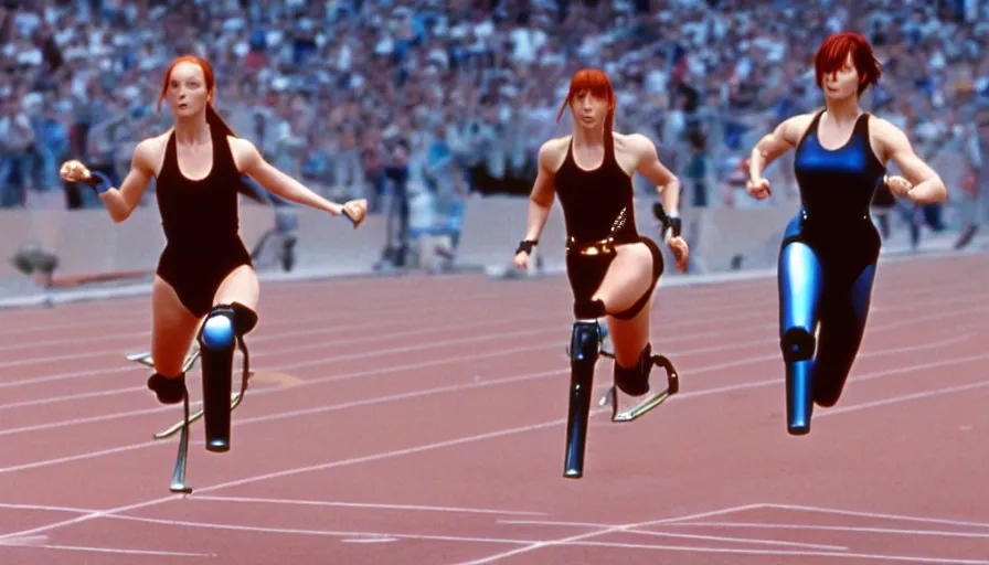 Image similar to The matrix, LeeLoo, Starship Troopers, Katniss Everdeen, 1960's Olympics footage, hurdlers in a race with robotic legs, intense moment, cinematic stillframe, backlit, The fifth element, vintage robotics, formula 1, starring Geena Davis, clean lighting