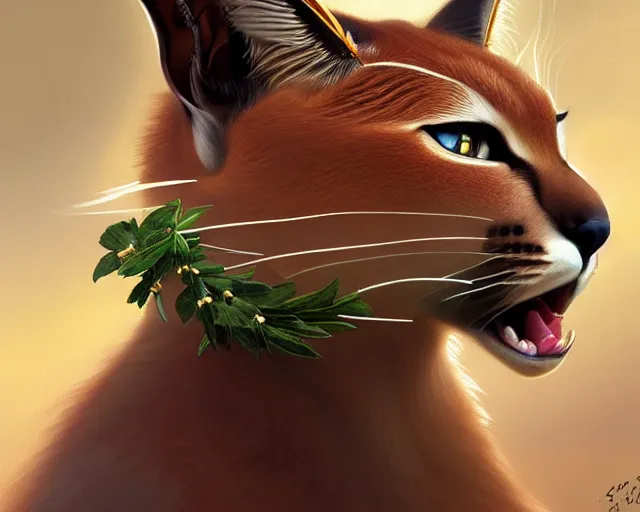 Image similar to a caracal wearing laurel wreath and a toga, photography of kurzgesagt, deep focus, d & d, intricate, elegant, highly detailed, digital painting, artstation, concept art, matte, sharp focus, illustration, hearthstone, art by artgerm and greg rutkowski and alphonse mucha