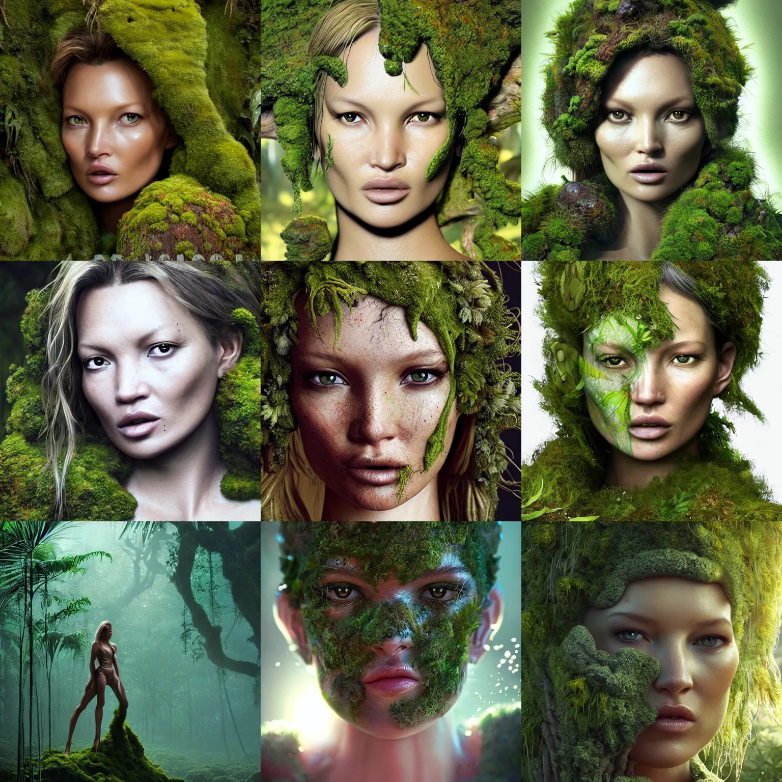 Prompt: tropical mossy face reminiscent on kate moss with moss growing face and head, in the wood, intricate, epic lighting, cinematic composition, hyper realistic, 8k resolution, unreal engine 5, by Artgerm, tooth wu, dan mumford, beeple, wlop, rossdraws, James Jean, Andrei Riabovitchev, Marc Simonetti, yoshitaka Amano, Artstation