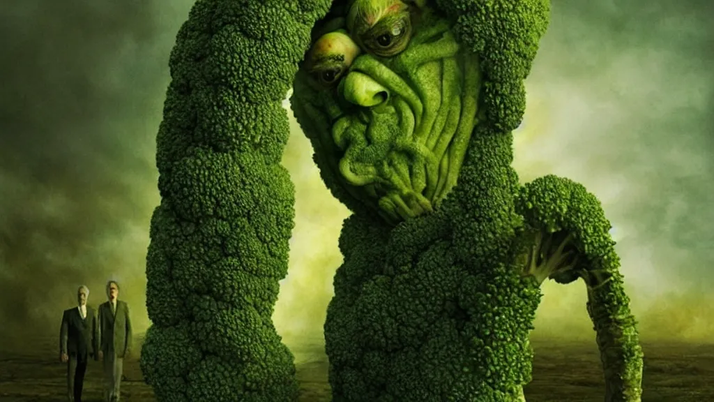 Image similar to the broccoli creature, film still from the movie directed by denis villeneuve and david cronenberg with art direction by salvador dali and karol bak, wide lens