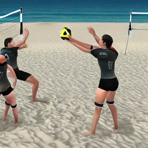 Prompt: Call of Duty Operators playing volleyball on beach 2v2