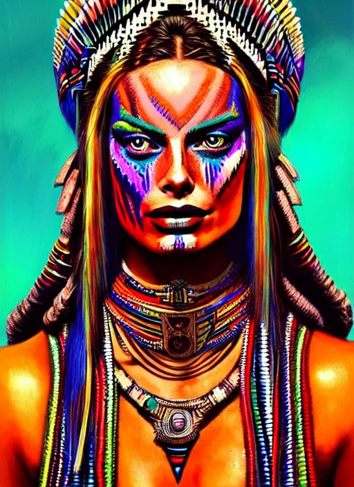 Prompt: portrait of margot robbie, hyper detailed ultra sharp aztec shaman warrior. trending on artstation, warpaint aesthetic, bloodwave, colorful, psychedelic, ornate, intricate, digital painting, concept art, smooth, sharp focus, illustration, art by artgerm and greg rutkowski and h. r. giger, 8 k
