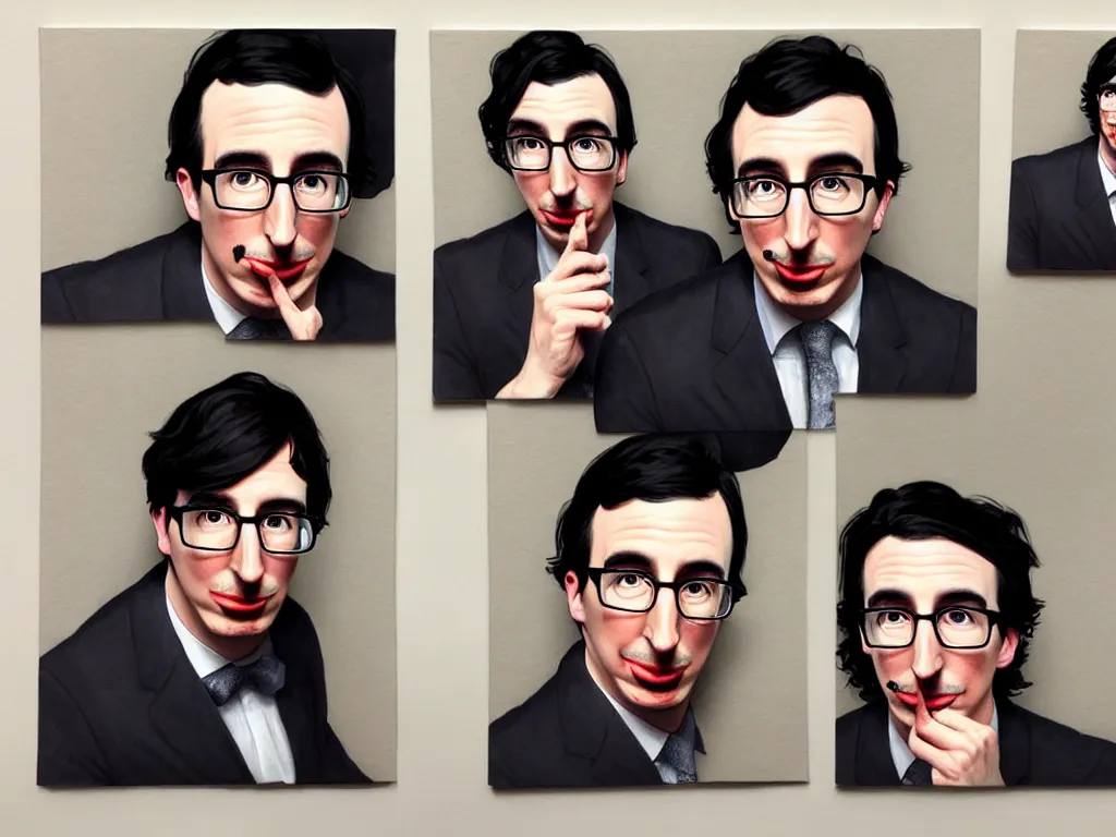 Image similar to photo booth, painting of both john oliver and adam driver together, john oliver in front, full body, elegant, beautiful, highly detailed, centered, dark, smokey, digital painting, concept art, smooth, sharp focus, illustration, deviant art, art by artgerm, art by greg rutkowski, art by alphonse mucha