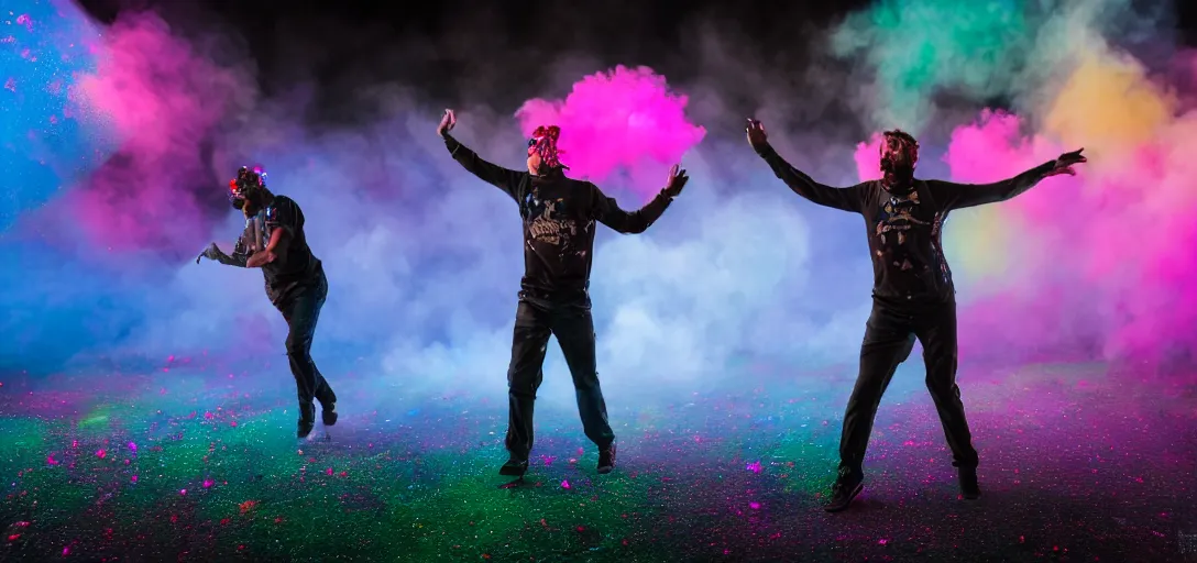 Prompt: a man dancing in the middle of a paintball arena, smoke, colorful, lights, night, uhd, 8k photo,