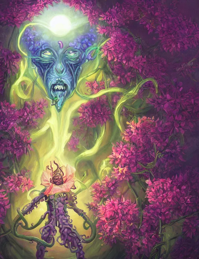 Prompt: lovecraftian deity of light and flowers. this oil painting by the award - winning comic artist has interesting color contrasts, plenty of details and impeccable lighting.