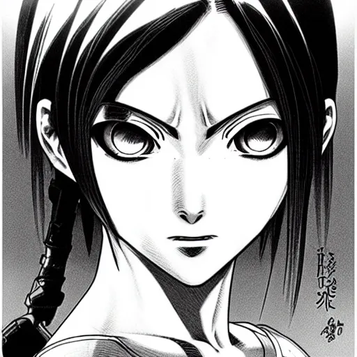 Image similar to alita by yukito kishiro. medium shot. black and white manga. pencil drawing. high detailed face