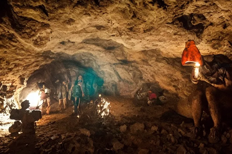 Prompt: miners in a dark cave discovers an alien egg, low quality shot, eerie, bizarre