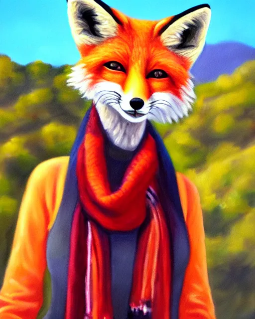 Image similar to oil painting portrait of anthropomorphic female fox animal dressed in sweater and scarf, fox animal, hollywood sign in background, location movie studio, oil painting,