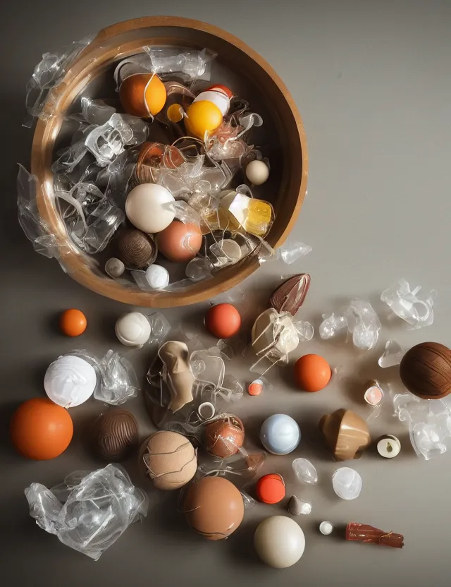 Prompt: a well - lit studio photograph of various earth - toned plastic toys floating in a bowl of water, some wrinkled, some long, various sizes, textures, and transparencies, beautiful, smooth, detailed, inticate